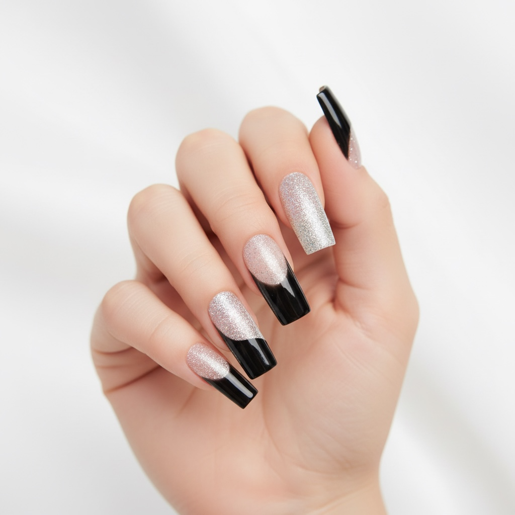 Gothic Glamour | Silver Glitter, Black French | Glossy | Square | Extra Long | Reusable Press On Nails Set