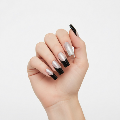 Gothic Glamour | Silver Glitter, Black French | Glossy | Square | Extra Long | Reusable Press On Nails Set