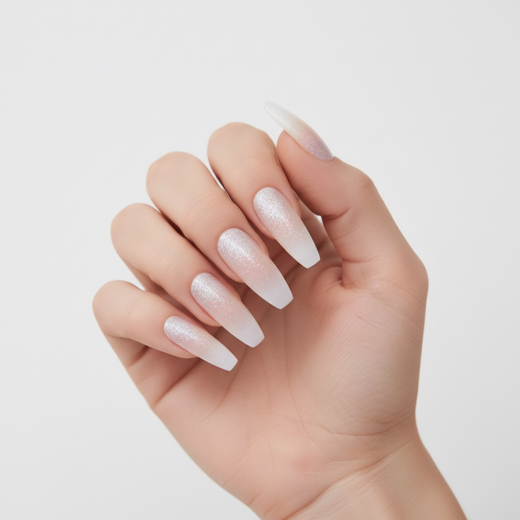 Shimmer Pop | Nude Pink, Glitter White Ombre French | Glossy | Square | Extra Long | Reusable Press On Nails Set