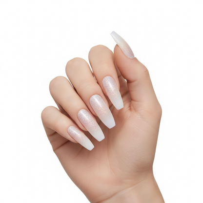 Shimmer Pop | Nude Pink, Glitter White Ombre French | Glossy | Square | Extra Long | Reusable Press On Nails Set