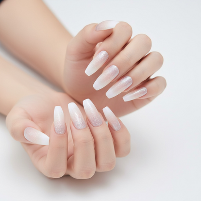 Shimmer Pop | Nude Pink, Glitter White Ombre French | Glossy | Square | Extra Long | Reusable Press On Nails Set