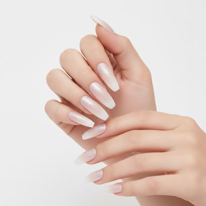 Shimmer Pop | Nude Pink, Glitter White Ombre French | Glossy | Square | Extra Long | Reusable Press On Nails Set