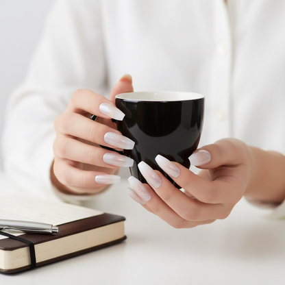 Shimmer Pop | Nude Pink, Glitter White Ombre French | Glossy | Square | Extra Long | Reusable Press On Nails Set