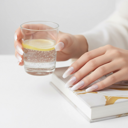 Shimmer Pop | Nude Pink, Glitter White Ombre French | Glossy | Square | Extra Long | Reusable Press On Nails Set