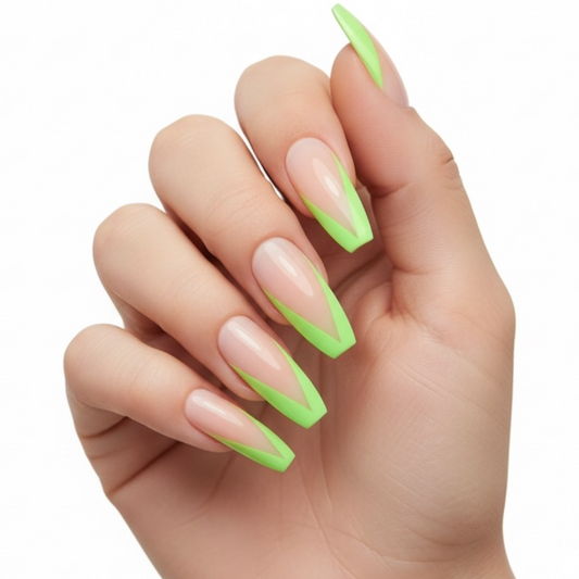 Lime Love | Natural | Nude Pink, Green V French | Glossy | Ballerina | Extra Long | Reusable Press On Nails Set
