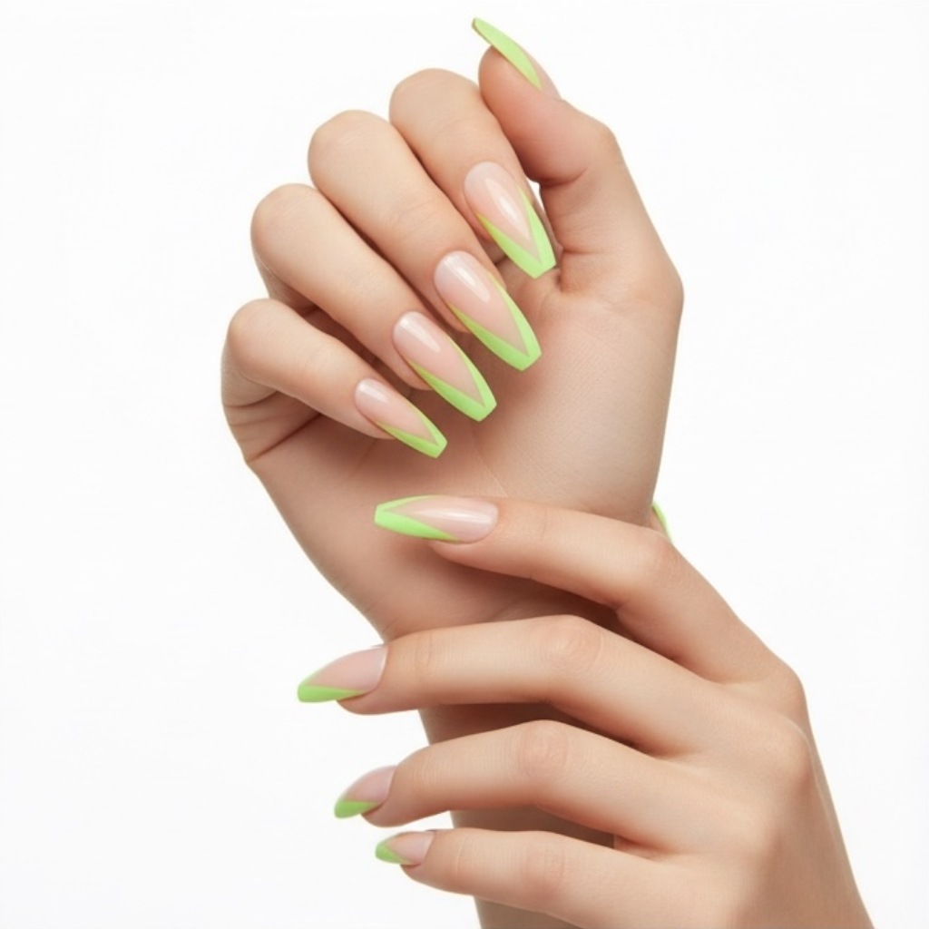 Lime Love | Natural | Nude Pink, Green V French | Glossy | Ballerina | Extra Long | Reusable Press On Nails Set