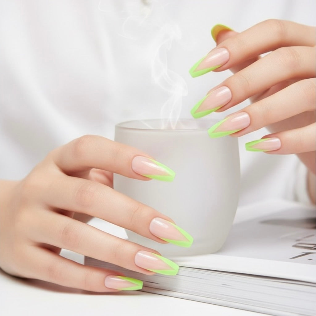 Lime Love | Natural | Nude Pink, Green V French | Glossy | Ballerina | Extra Long | Reusable Press On Nails Set