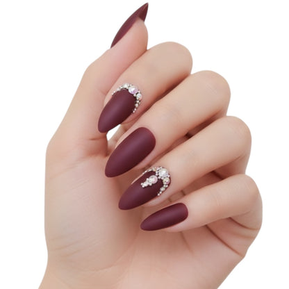 Prestige Passion | Diamond Red Burgundy | 3D Crystal Design | Nail Art | Matte | Stiletto | Long | Reusable Press On Nails Set