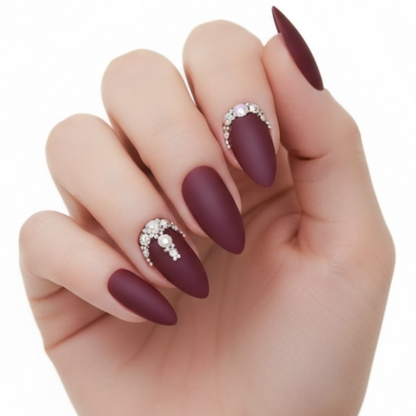 Prestige Passion | Diamond Red Burgundy | 3D Crystal Design | Nail Art | Matte | Stiletto | Long | Reusable Press On Nails Set