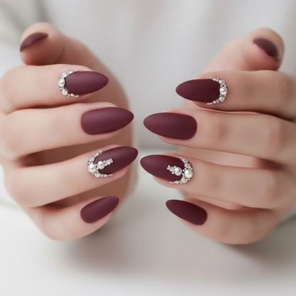 Prestige Passion | Diamond Red Burgundy | 3D Crystal Design | Nail Art | Matte | Stiletto | Long | Reusable Press On Nails Set