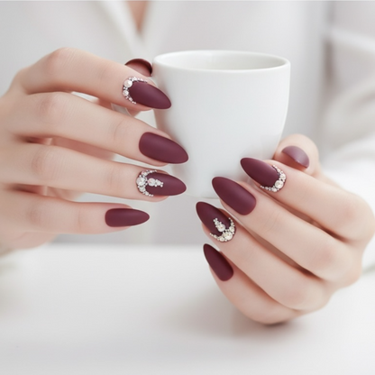 Prestige Passion | Diamond Red Burgundy | 3D Crystal Design | Nail Art | Matte | Stiletto | Long | Reusable Press On Nails Set