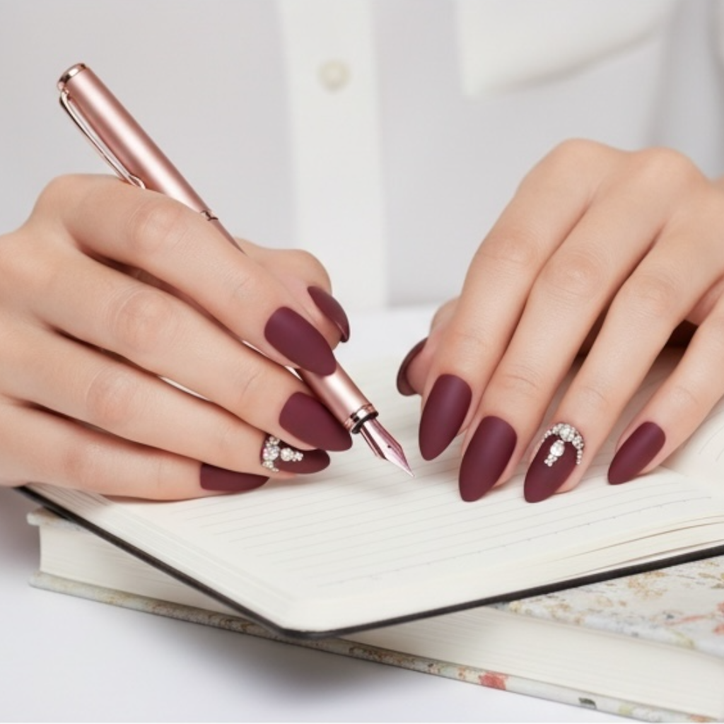 Prestige Passion | Diamond Red Burgundy | 3D Crystal Design | Nail Art | Matte | Stiletto | Long | Reusable Press On Nails Set