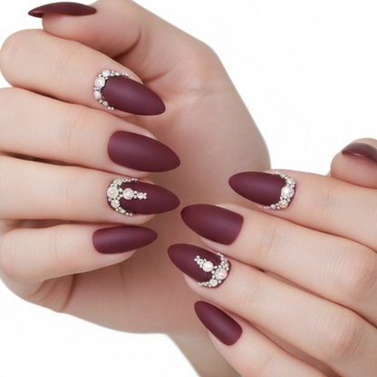 Prestige Passion | Diamond Red Burgundy | 3D Crystal Design | Nail Art | Matte | Stiletto | Long | Reusable Press On Nails Set