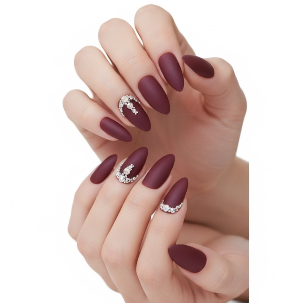 Prestige Passion | Diamond Red Burgundy | 3D Crystal Design | Nail Art | Matte | Stiletto | Long | Reusable Press On Nails Set