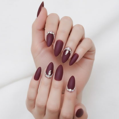 Prestige Passion | Diamond Red Burgundy | 3D Crystal Design | Nail Art | Matte | Stiletto | Long | Reusable Press On Nails Set