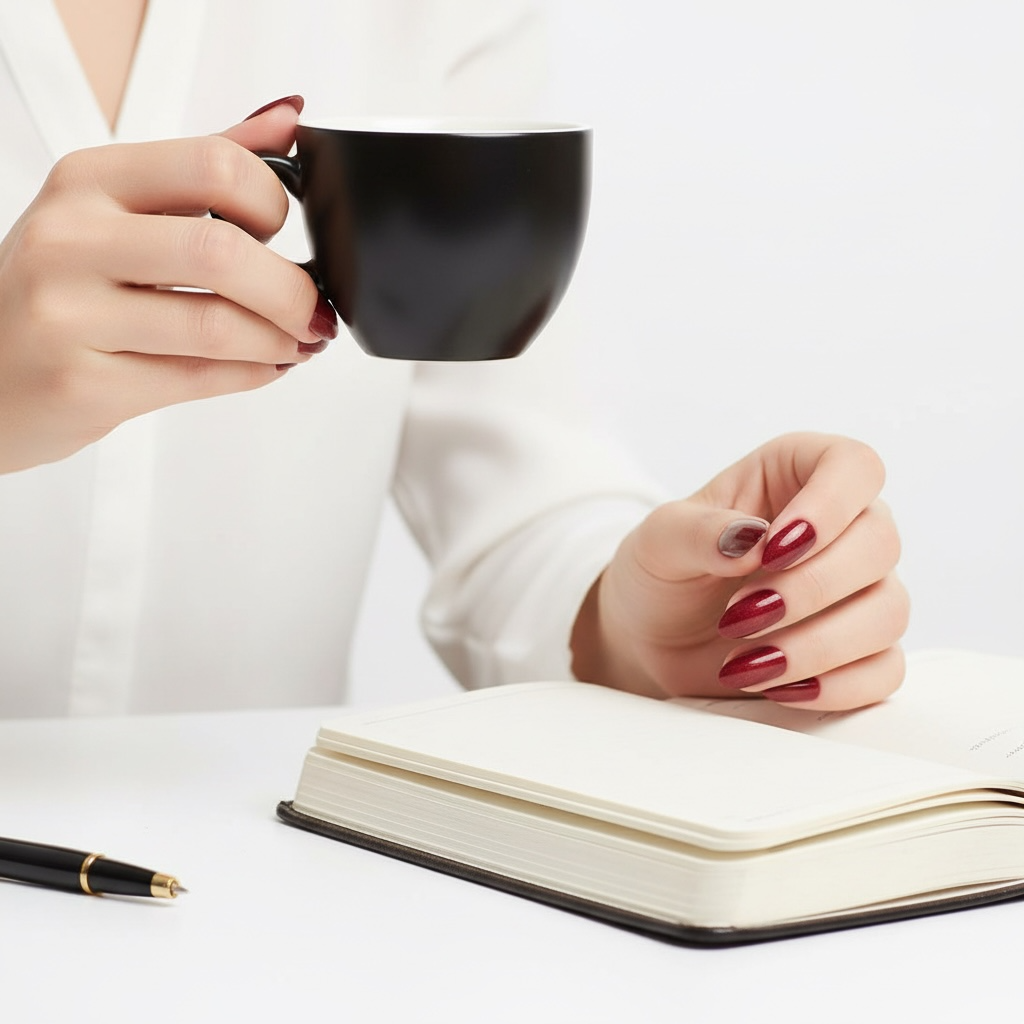 Posh Majesty | Dark Red Burgundy | Shimmer | Glossy | Almond Stiletto | Medium Long | Reusable Press On Nails Set