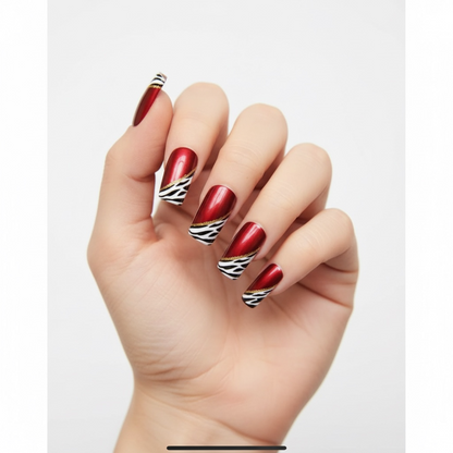 Hot Zebra | Red Animal Print French | Glossy | Square | Long | Reusable Press On Nails Set