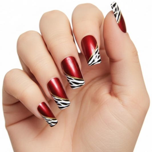 Hot Zebra | Red Animal Print French | Glossy | Square | Long | Reusable Press On Nails Set