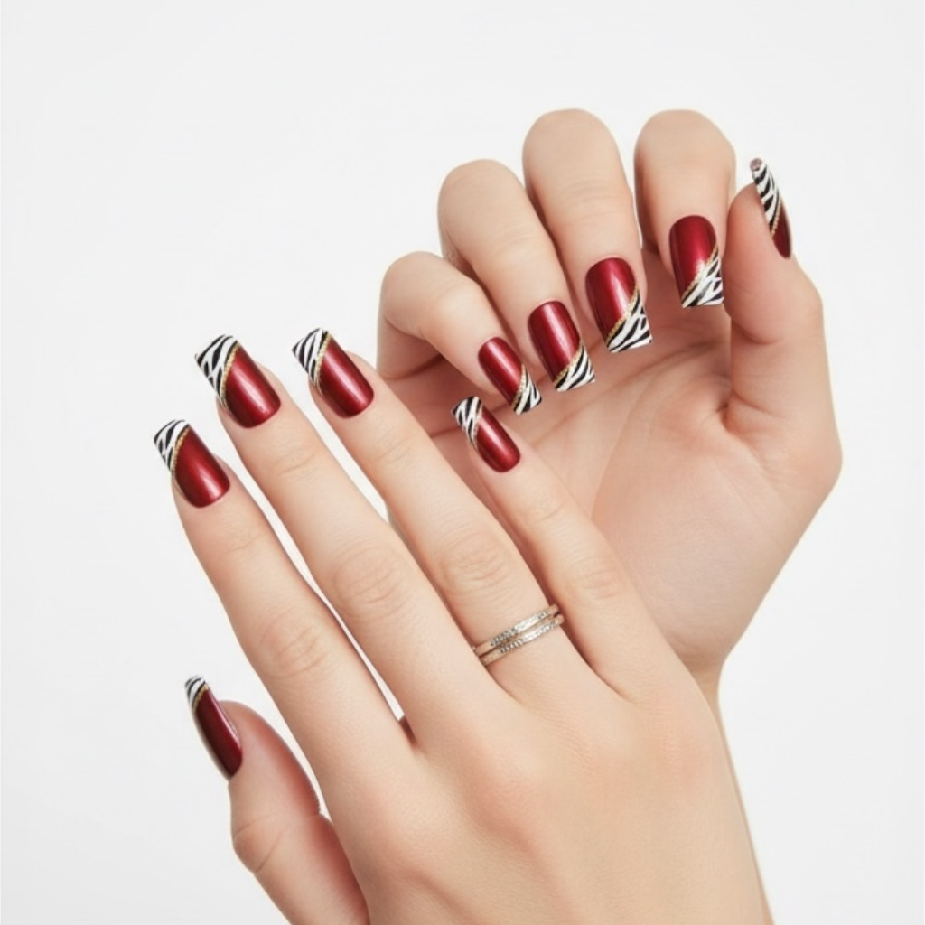 Hot Zebra | Red Animal Print French | Glossy | Square | Long | Reusable Press On Nails Set