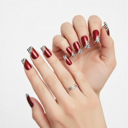 Hot Zebra | Red Animal Print French | Glossy | Square | Long | Reusable Press On Nails Set