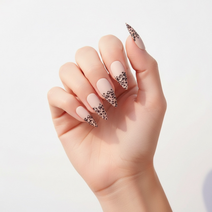 Wild Cat | Nude Pink Black French | Animal Print | Matte | Sharp, Stiletto | Extra Long | Reusable Press On Nails Set