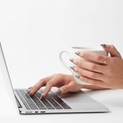 Wild Cat | Nude Pink Black French | Animal Print | Matte | Sharp, Stiletto | Extra Long | Reusable Press On Nails Set