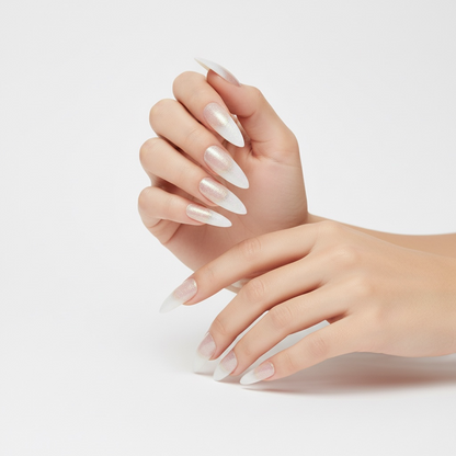 Twinkle Spark | Nude Pink, Glitter Ombre White French | Matte | Sharp, Stiletto | Extra Long | Reusable Press On Nails Set