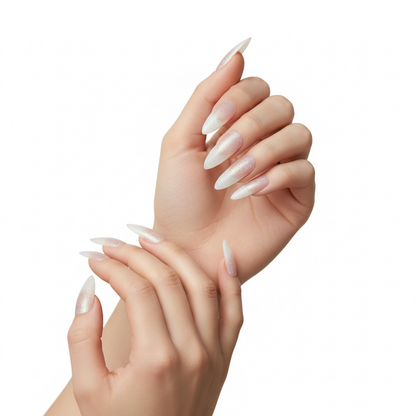 Twinkle Spark | Nude Pink, Glitter Ombre White French | Matte | Sharp, Stiletto | Extra Long | Reusable Press On Nails Set