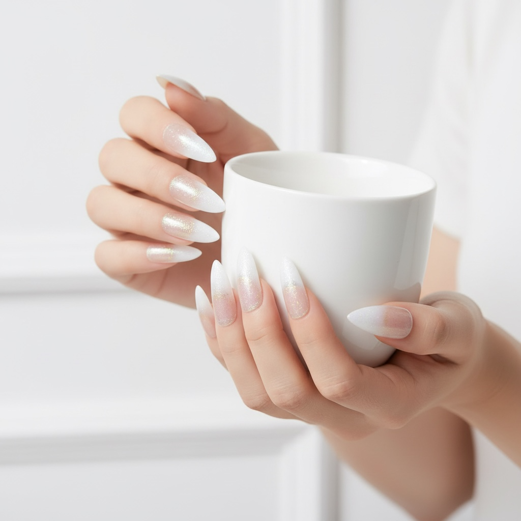 Twinkle Spark | Nude Pink, Glitter Ombre White French | Matte | Sharp, Stiletto | Extra Long | Reusable Press On Nails Set