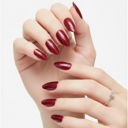 Posh Majesty | Dark Red Burgundy | Shimmer | Glossy | Almond Stiletto | Medium Long | Reusable Press On Nails Set