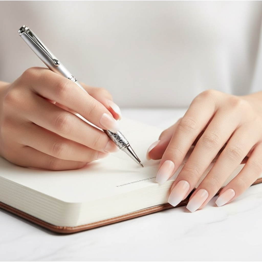 Soft Glow | Natural | Nude Pink, Ombre White French | Glossy | Coffin | Long | Reusable Press On Nails Set