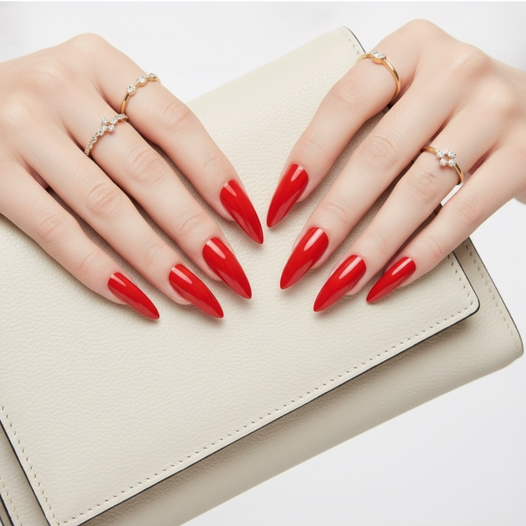 Hot Diva | Red | Glossy | Sharp, Stiletto | Extra Long | Reusable Press On Nails Set