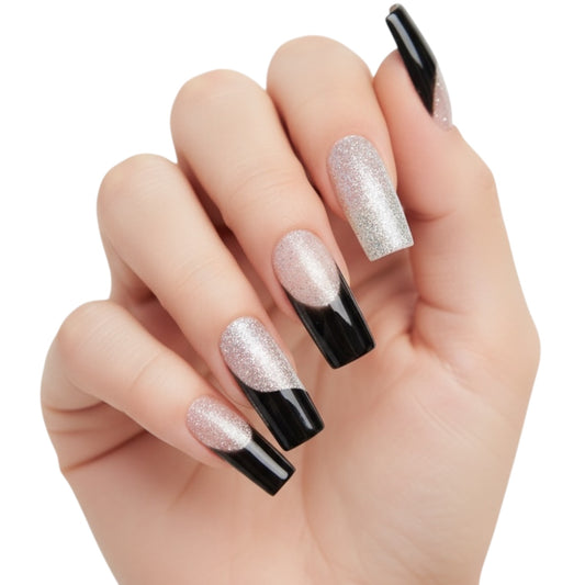 Gothic Glamour | Silver Glitter, Black French | Glossy | Square | Extra Long | Reusable Press On Nails Set