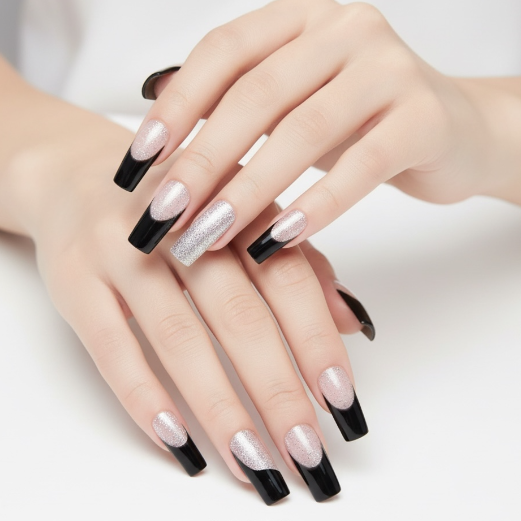 Gothic Glamour | Silver Glitter, Black French | Glossy | Square | Extra Long | Reusable Press On Nails Set