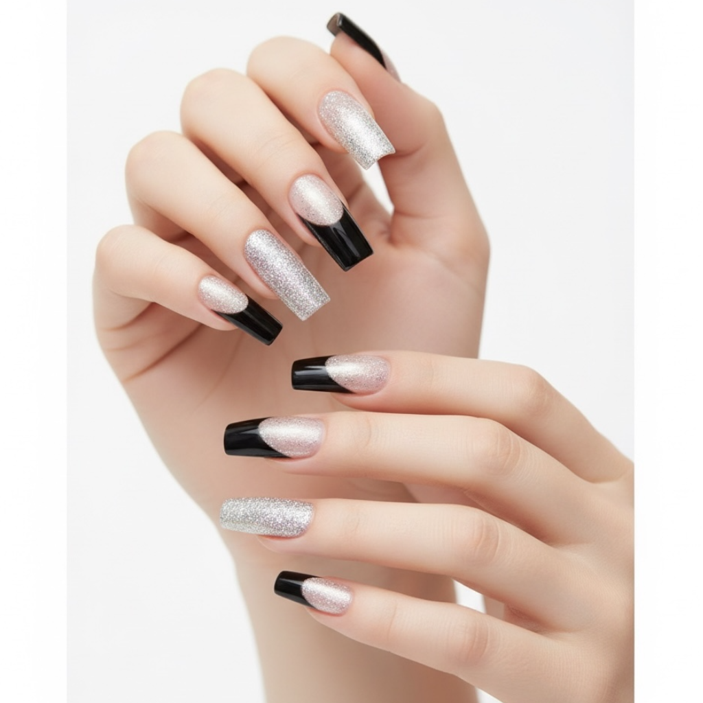 Gothic Glamour | Silver Glitter, Black French | Glossy | Square | Extra Long | Reusable Press On Nails Set