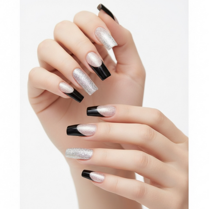 Gothic Glamour | Silver Glitter, Black French | Glossy | Square | Extra Long | Reusable Press On Nails Set