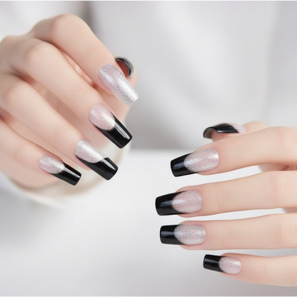 Gothic Glamour | Silver Glitter, Black French | Glossy | Square | Extra Long | Reusable Press On Nails Set