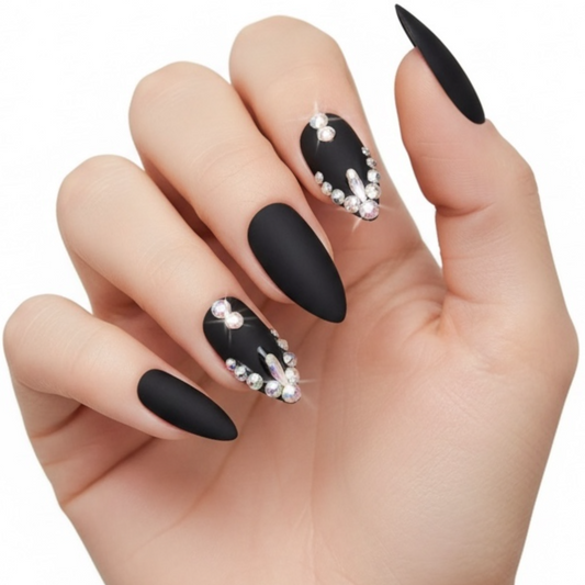 Gothic Kiss | Diamond Black | 3D Crystal Design | Nail Art | Matte | Stiletto | Long | Reusable Press On Nails Set