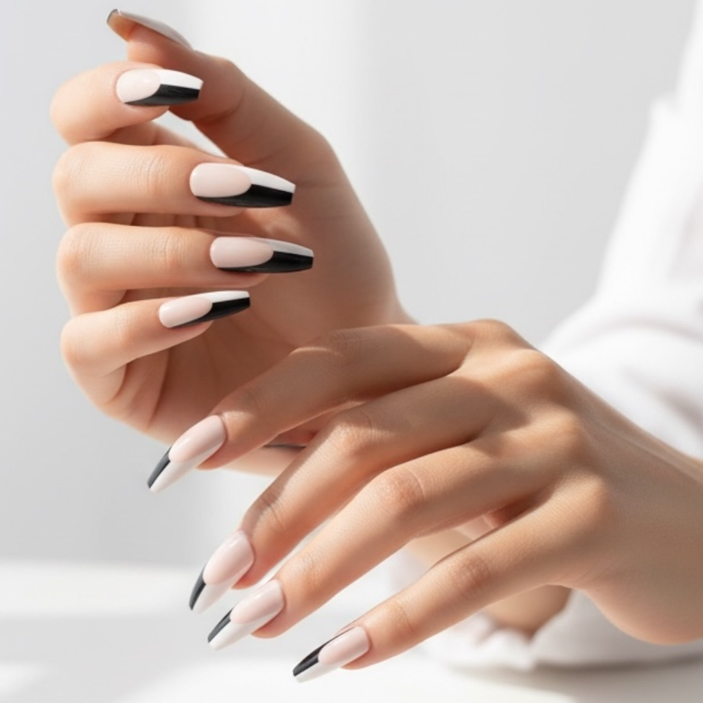 Rose Noir | Nude Pink, Black White French | Glossy | Ballerina | Extra Long | Reusable Press On Nails Set