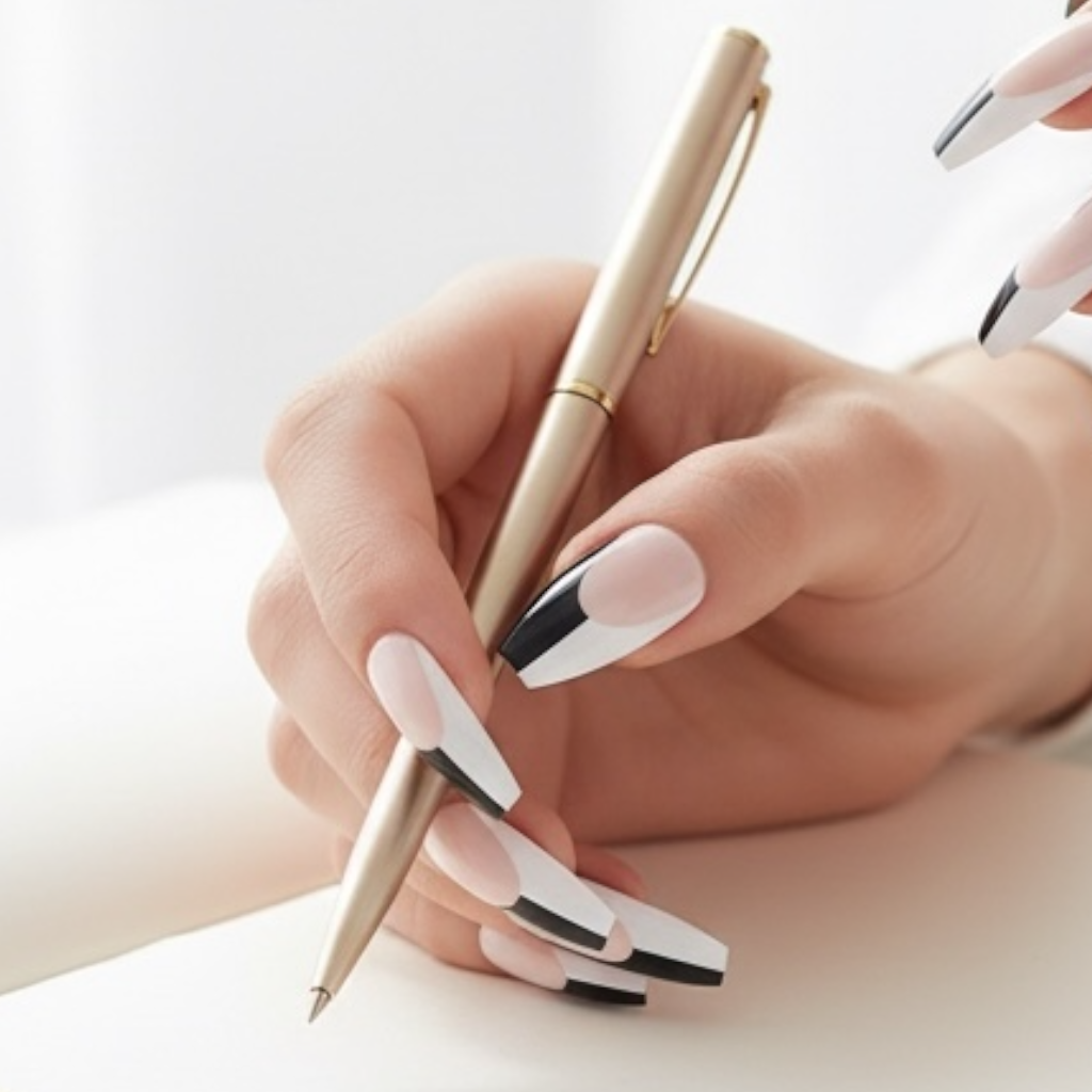 Rose Noir | Nude Pink, Black White French | Glossy | Ballerina | Extra Long | Reusable Press On Nails Set