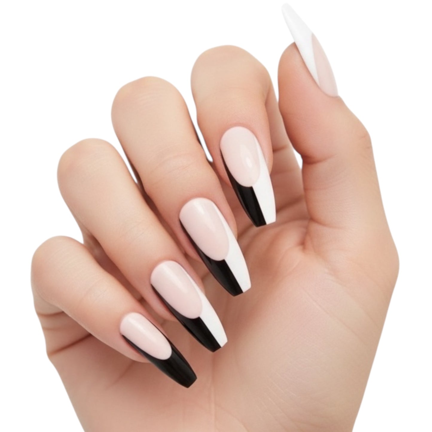 Rose Noir | Nude Pink, Black White French | Glossy | Ballerina | Extra Long | Reusable Press On Nails Set