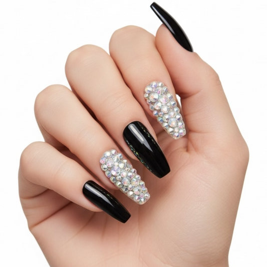 Sparkle Night | Diamond Black | 3D Crystal Design | Nail Art | Glossy | Ballerina | Extra Long | Reusable Press On Nails Set