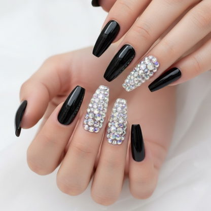 Sparkle Night | Diamond Black | 3D Crystal Design | Nail Art | Glossy | Ballerina | Extra Long | Reusable Press On Nails Set