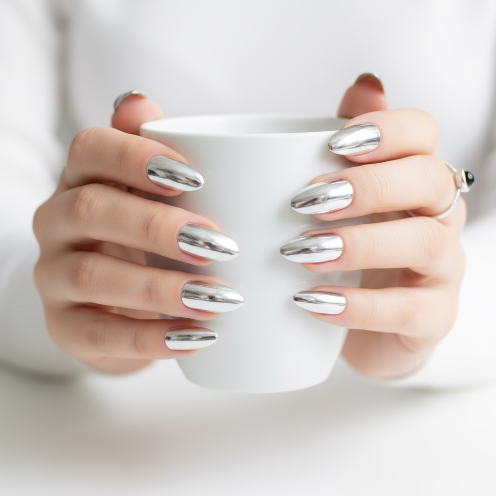 Titanium Touch | Silver | Mirror Design | Metallic, Glossy | Stiletto | Long | Reusable Press On Nails Set