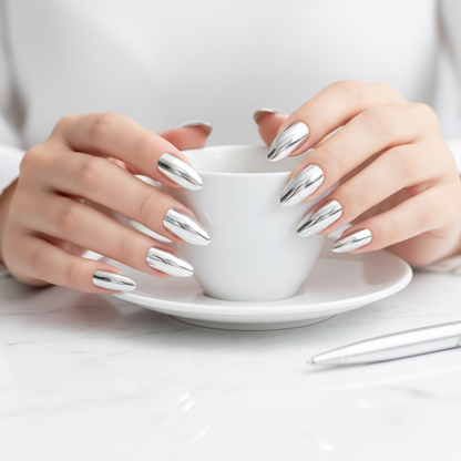 Titanium Touch | Silver | Mirror Design | Metallic, Glossy | Stiletto | Long | Reusable Press On Nails Set