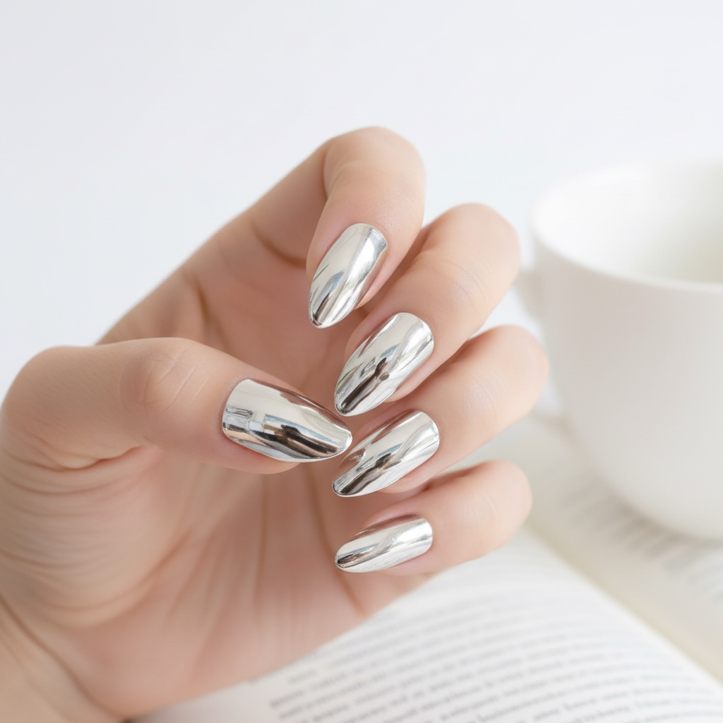Titanium Touch | Silver | Mirror Design | Metallic, Glossy | Stiletto | Long | Reusable Press On Nails Set