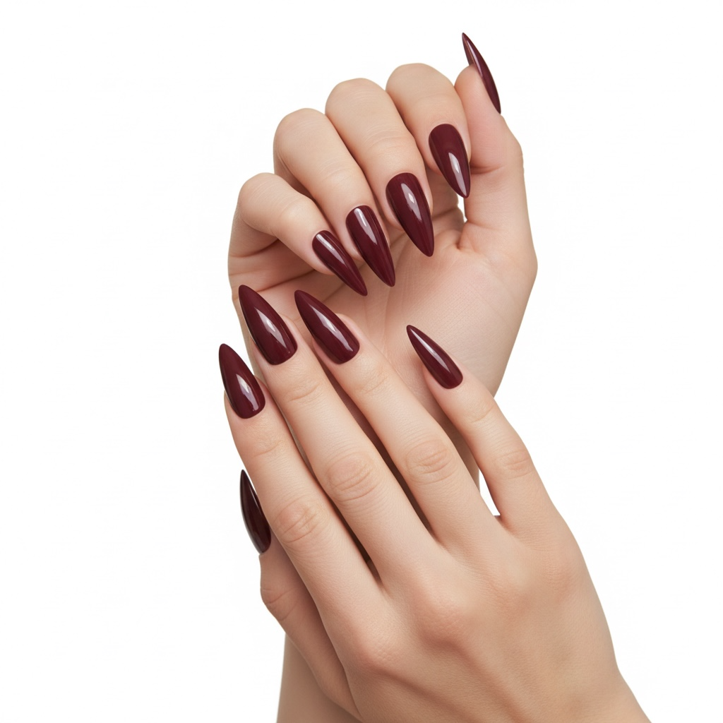 Maroon Magic | Red Burgundy | Glossy | Sharp, Stiletto | Extra Long | Reusable Press On Nails Set