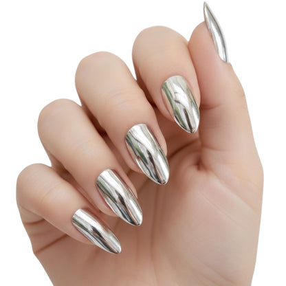 Titanium Touch | Silver | Mirror Design | Metallic, Glossy | Stiletto | Long | Reusable Press On Nails Set