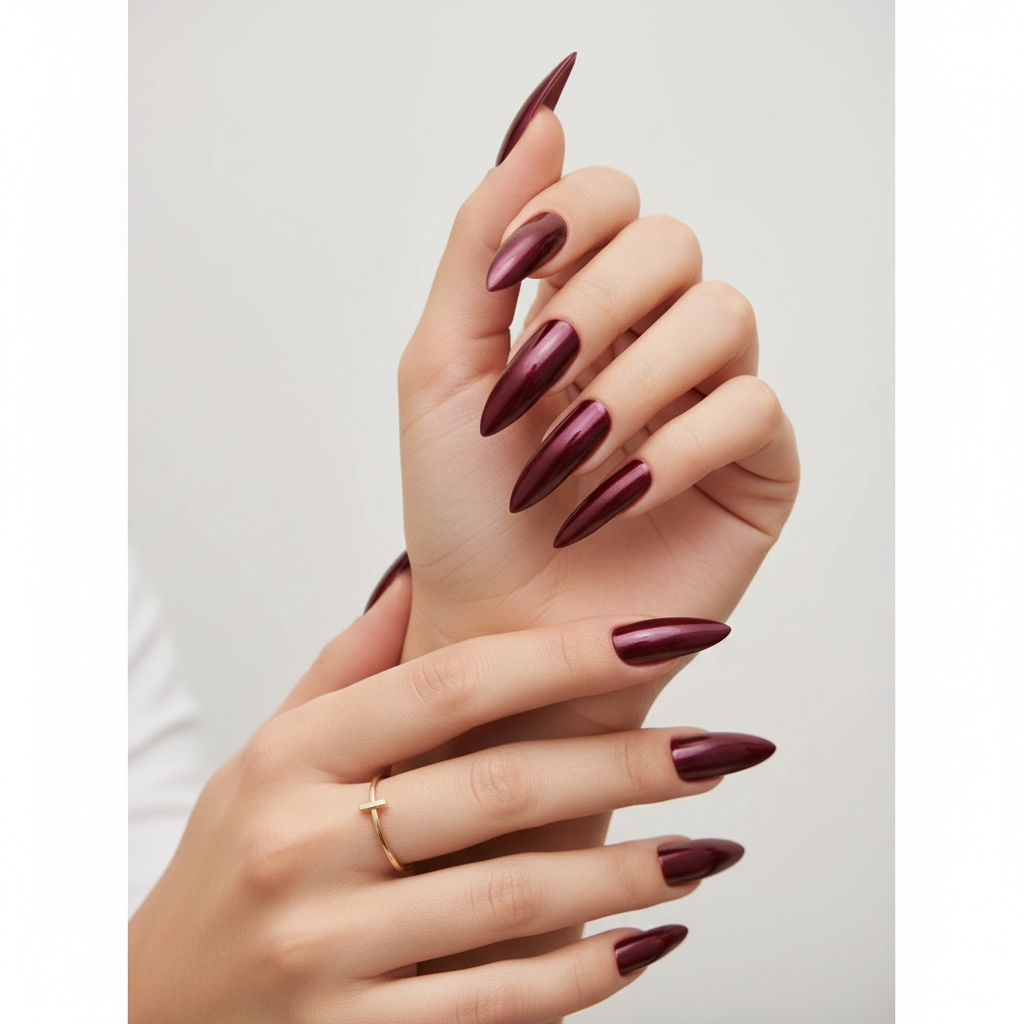 Passion Belle | Dark Red Burgundy | Glossy | Sharp, Stiletto | Extra Long | Reusable Press On Nails Set