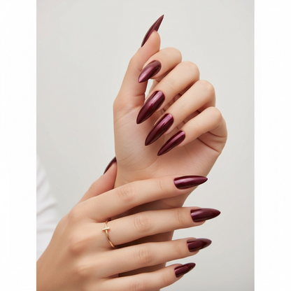 Passion Belle | Dark Red Burgundy | Glossy | Sharp, Stiletto | Extra Long | Reusable Press On Nails Set
